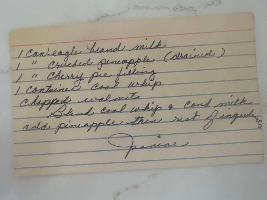 Joanne's handwritten Frozen Pineapple Delight recipe card